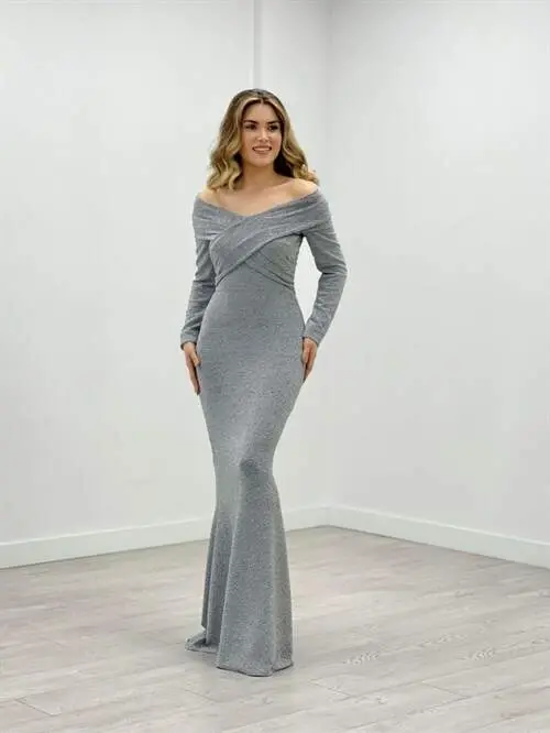 Pırıltı Kumaş Kayık Yaka Balık Elbise - GRİ - 1