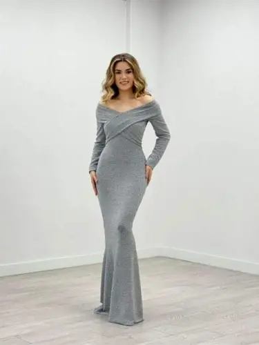 Pırıltı Kumaş Kayık Yaka Balık Elbise - GRİ - 2