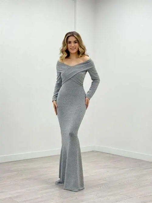Pırıltı Kumaş Kayık Yaka Balık Elbise - GRİ - 2