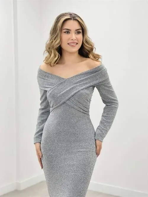 Pırıltı Kumaş Kayık Yaka Balık Elbise - GRİ - 3