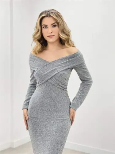 Pırıltı Kumaş Kayık Yaka Balık Elbise - GRİ - 4