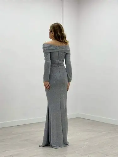 Pırıltı Kumaş Kayık Yaka Balık Elbise - GRİ - 5