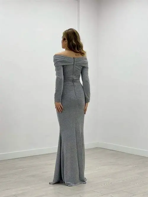 Pırıltı Kumaş Kayık Yaka Balık Elbise - GRİ - 5