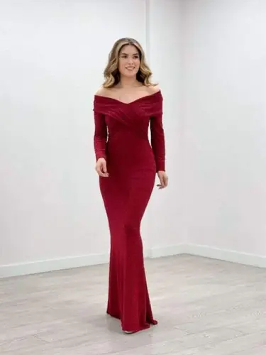 Pırıltı Kumaş Kayık Yaka Balık Elbise - KIRMIZI - 2