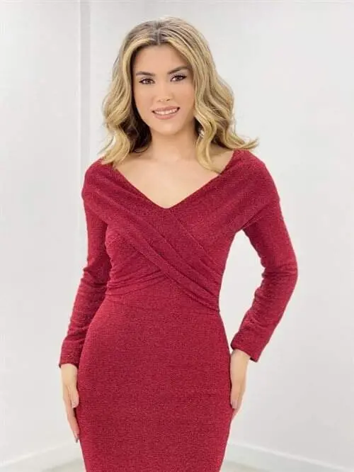 Pırıltı Kumaş Kayık Yaka Balık Elbise - KIRMIZI - 3