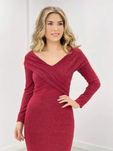 Pırıltı Kumaş Kayık Yaka Balık Elbise - KIRMIZI - 4
