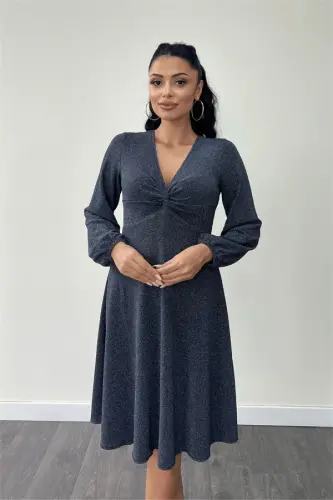 Pırıltılı Krep Kumaş Burgu Detaylı Midi Elbise - LACİVERT - 3