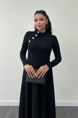 Pırıltili Krep Mato Tugma Tafsilotli Midi Ko'ylak - QORA - 3