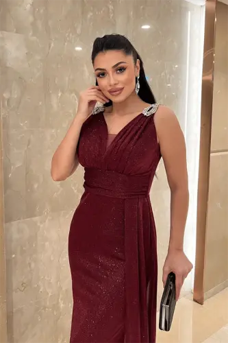 Pırıltılı Kumaş Taş Detaylı Abiye Elbise - BORDO - 3
