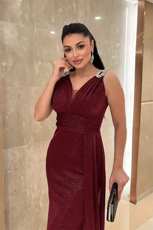 Pırıltılı Kumaş Taş Detaylı Abiye Elbise - BORDO - 3