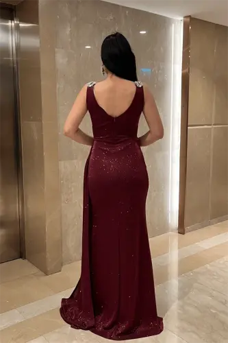 Pırıltılı Kumaş Taş Detaylı Abiye Elbise - BORDO - 5