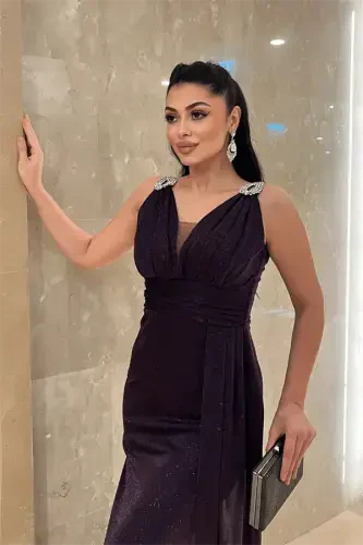 Pırıltılı Kumaş Taş Detaylı Abiye Elbise - PATLICAN MOR - 4