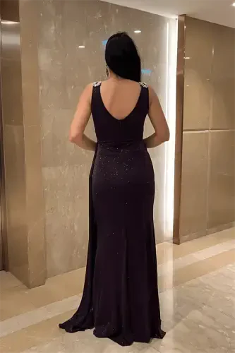 Pırıltılı Kumaş Taş Detaylı Abiye Elbise - PATLICAN MOR - 5