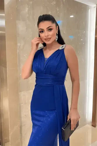 Pırıltılı Kumaş Taş Detaylı Abiye Elbise - SAKS MAVİ - 3