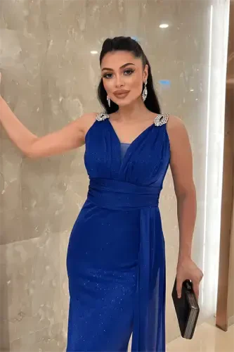 Pırıltılı Kumaş Taş Detaylı Abiye Elbise - SAKS MAVİ - 4