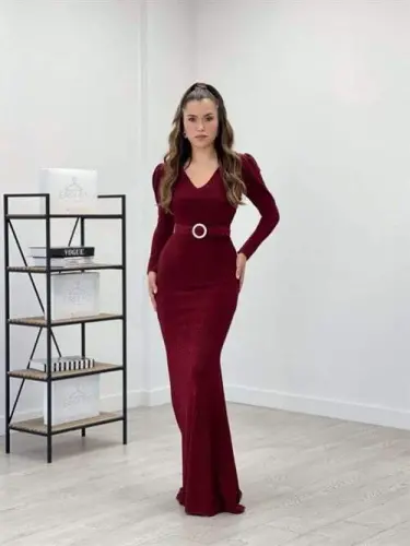 Pırıltılı Kumaş V Yaka Balık Elbise - BORDO - 1