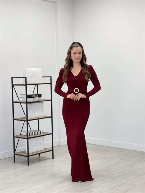 Pırıltılı Kumaş V Yaka Balık Elbise - BORDO - 2