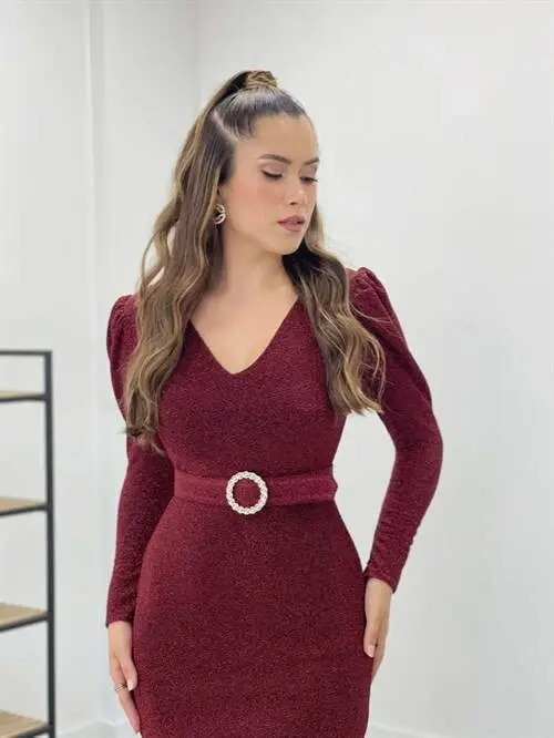 Pırıltılı Kumaş V Yaka Balık Elbise - BORDO - 4
