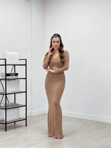 Pırıltılı Kumaş V Yaka Balık Elbise - GOLD - 1