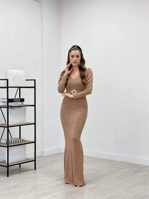 Pırıltılı Kumaş V Yaka Balık Elbise - GOLD - 1