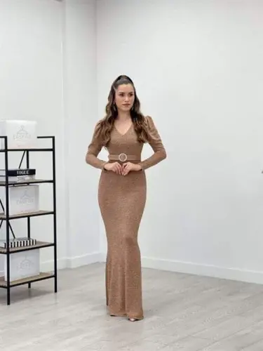 Pırıltılı Kumaş V Yaka Balık Elbise - GOLD - BÜYÜKBEDENIZ (1)
