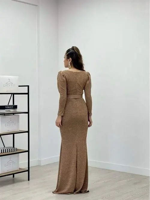 Pırıltılı Kumaş V Yaka Balık Elbise - GOLD - 5