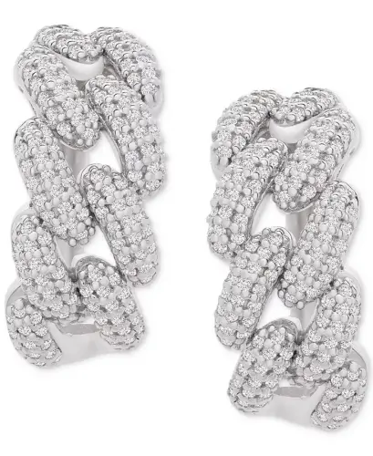 Diamond Chain Link Detail Small Hoop Earrings (1 ct. t.w.) in Sterling Silver, .79