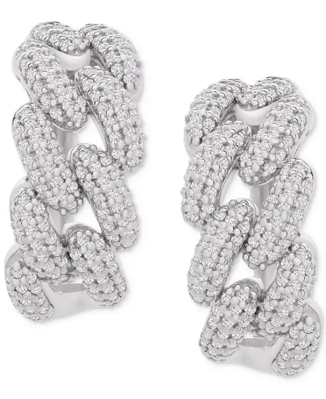 Diamond Chain Link Detail Small Hoop Earrings (1 ct. t.w.) in Sterling Silver, .79