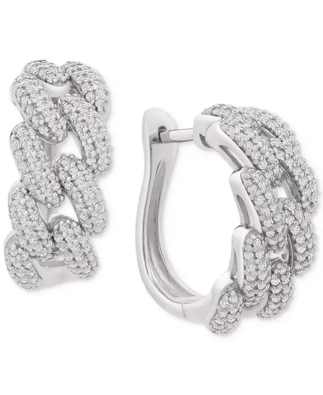 Diamond Chain Link Detail Small Hoop Earrings (1 ct. t.w.) in Sterling Silver, .79