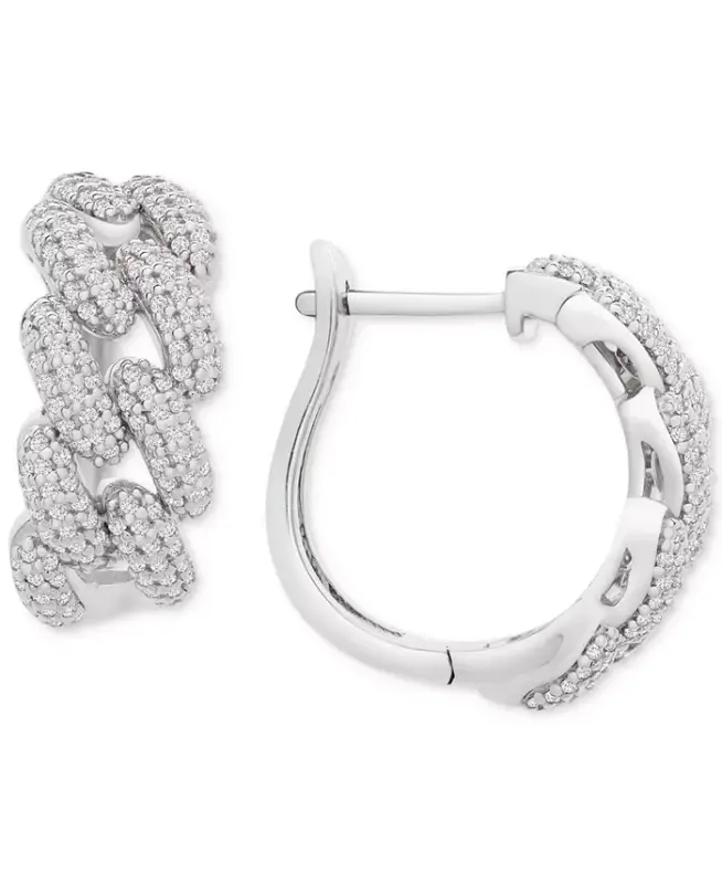 Diamond Chain Link Detail Small Hoop Earrings (1 ct. t.w.) in Sterling Silver, .79