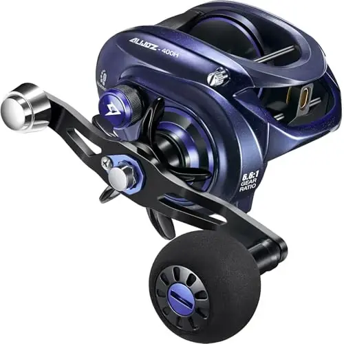 Piscifun Alijoz 400 Baitcaster Baliq Ovlash G'altagi, 38Lbs Maksimal Suyrat Alyuminiy Qotishma Ramkali Baitcasting G'altagi, 6.6:1/8.1:1 Uzatma Nisbatida Mavjud, Chuchuk va Sho'r Suvli Past Profilli Baliq Ovlash G'altagi Musky uchun 