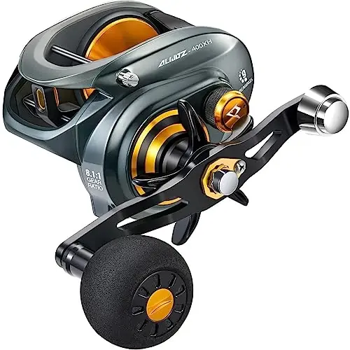 Piscifun Alijoz 400 Baitcaster Baliq Ovlash G'altagi, 38Lbs Maksimal Tortish Alyuminiy Qotishma Ramkali Baitcasting G'altagi, 6.6: 1/8.1: 1 Vites Nisbatida Mavjud, Chuchuk va Tuzli Suv Past Profil Ulovchi G'altak Musky uchun - PISCIFUN
