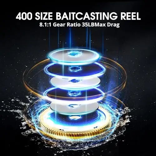 Piscifun Alijoz 400 Baitcaster Fishing Reel, 38Lbs Max Drag Aluminum Alloy Frame Baitcasting Reel, Available in 6.6: 1/8.1: 1 Gear Ratio, Freshwater and Saltwater Low Profile Casting Reel for Musky - 3