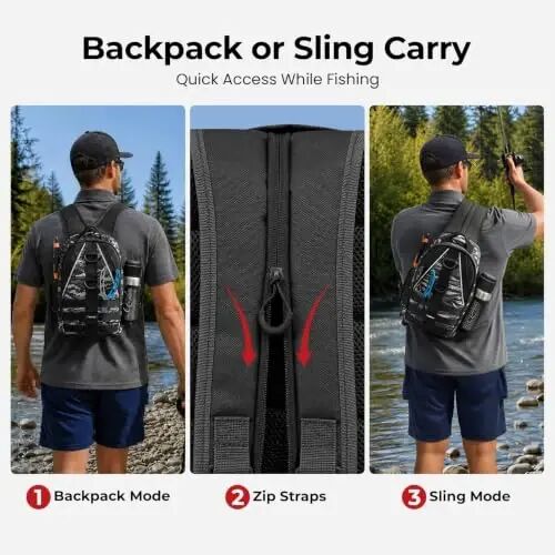 Piscifun Fishing Backpack, Rod Holders, Lightweight Sling Bag, Black Camo | Fits 2x3600 trays, bottle pocket, MOLLE loops, 4-way carry for short bank fishing trips - 3