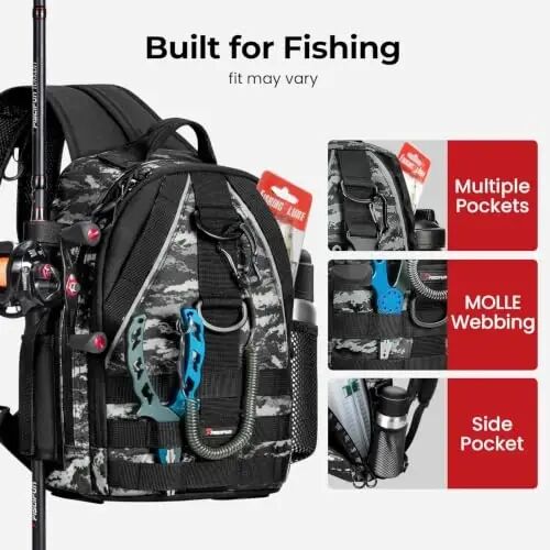 Piscifun Fishing Backpack, Rod Holders, Lightweight Sling Bag, Black Camo | Fits 2x3600 trays, bottle pocket, MOLLE loops, 4-way carry for short bank fishing trips - 4