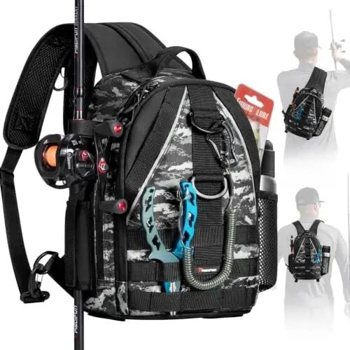 Piscifun Fishing Backpack, Rod Holders, Lightweight Sling Bag, Black Camo | Fits 2x3600 trays, bottle pocket, MOLLE loops, 4-way carry for short bank fishing trips - Piscifun