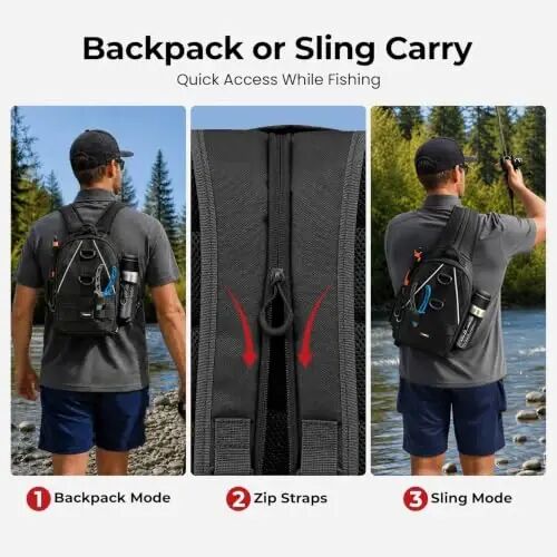 Piscifun Fishing Backpack, Rod Holders, Lightweight Sling Bag, Black | Fits 2x3600 trays, bottle pocket, MOLLE loops, 4-way carry for short bank fishing trips - 3