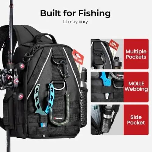 Piscifun Fishing Backpack, Rod Holders, Lightweight Sling Bag, Black | Fits 2x3600 trays, bottle pocket, MOLLE loops, 4-way carry for short bank fishing trips - 4