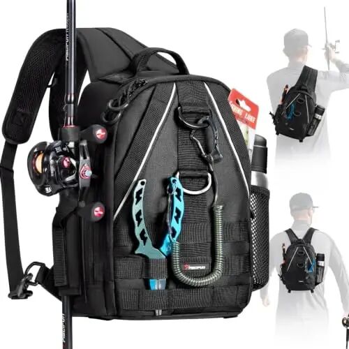 Piscifun Fishing Backpack, Rod Holders, Lightweight Sling Bag, Black | Fits 2x3600 trays, bottle pocket, MOLLE loops, 4-way carry for short bank fishing trips - Piscifun