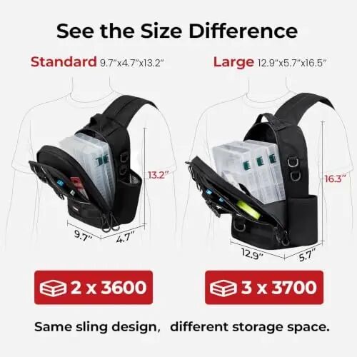 Piscifun Fishing Backpack, Rod Holders, Lightweight Sling Bag, Black | Fits 2x3600 trays, bottle pocket, MOLLE loops, 4-way carry for short bank fishing trips - Piscifun (1)