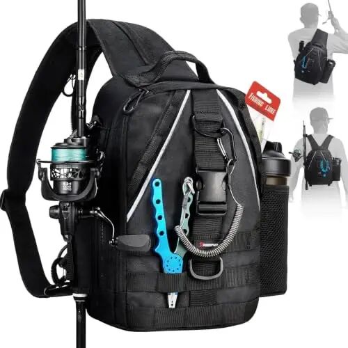 Piscifun Fishing Backpack, Rod Holders, Lightweight Sling Bag, Black | Fits 2x3600 trays, bottle pocket, MOLLE loops for short bank fishing trips - Piscifun