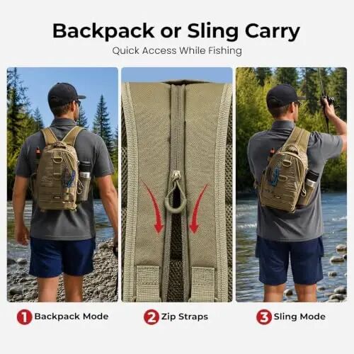 Piscifun Fishing Backpack, Rod Holders, Lightweight Sling Bag, Khaki Camo | Fits 2x3600 trays, bottle pocket, MOLLE loops, 4-way carry for short bank fishing trips - 4