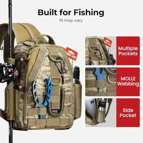 Piscifun Fishing Backpack, Rod Holders, Lightweight Sling Bag, Khaki Camo | Fits 2x3600 trays, bottle pocket, MOLLE loops, 4-way carry for short bank fishing trips - 5