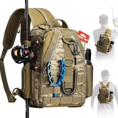 Piscifun Fishing Backpack, Rod Holders, Lightweight Sling Bag, Khaki Camo | Fits 2x3600 trays, bottle pocket, MOLLE loops, 4-way carry for short bank fishing trips - Piscifun