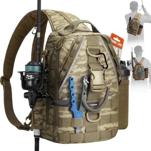 Piscifun Fishing Backpack, Rod Holders, Lightweight Sling Bag, Khaki Camo | Fits 2x3600 trays, bottle pocket, MOLLE loops for short bank fishing trips - 1