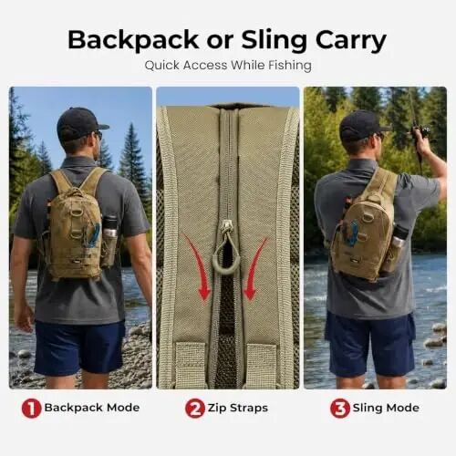 Piscifun Fishing Backpack, Rod Holders, Lightweight Sling Bag, Khaki | Fits 2x3600 trays, bottle pocket, MOLLE loops, 4-way carry for short bank fishing trips - 3