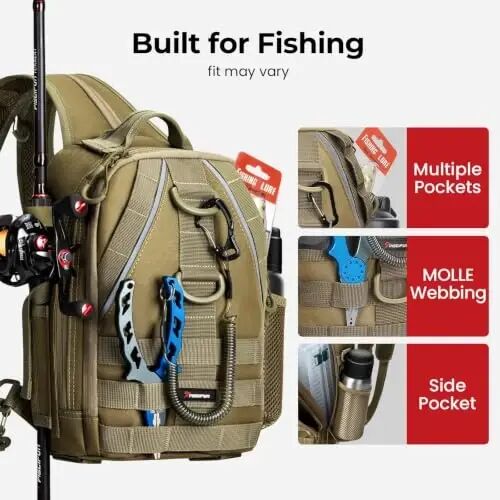 Piscifun Fishing Backpack, Rod Holders, Lightweight Sling Bag, Khaki | Fits 2x3600 trays, bottle pocket, MOLLE loops, 4-way carry for short bank fishing trips - 4