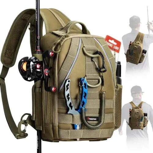 Piscifun Fishing Backpack, Rod Holders, Lightweight Sling Bag, Khaki | Fits 2x3600 trays, bottle pocket, MOLLE loops, 4-way carry for short bank fishing trips - Piscifun