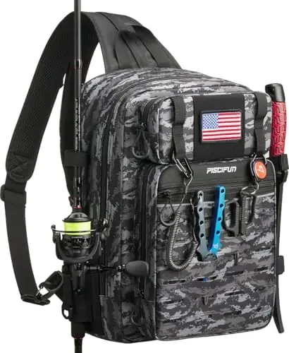 Piscifun Fishing Backpack Tackle Bag with 2 Rod Holders, Multi-Compartment Storage, MOLLE System, Water-Resistant Lightweight Outdoor Pack - PISCIFUN
