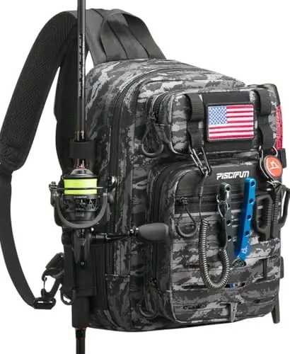 Piscifun Fishing Backpack Tackle Bag with 2 Rod Holders, Multi-Compartment Storage, MOLLE System, Water-Resistant Lightweight Outdoor Pack - PISCIFUN